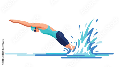 Dynamic swimming dive in flat design with splash