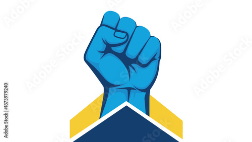 Raised blue fist on geometric background in bold style for empowerment and unity