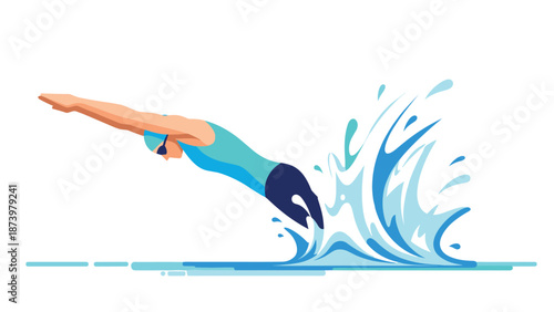 Dynamic flat art of swimmer diving into water with splash effect