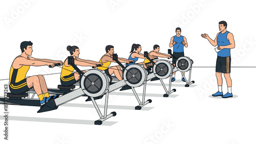 Group indoor rowing class with instructor in action