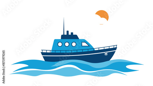 Flat design of blue ship on ocean waves with sun and clouds in background