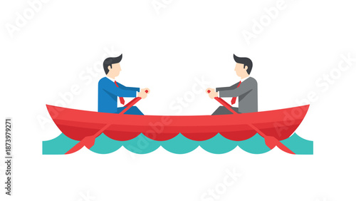 Businessmen in red rowboat paddling in opposite directions on blue waves