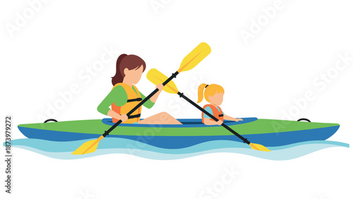 Family kayaking adventure: mother and child paddling in a flat style