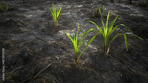 Young green grass sprouts emerging from dusty barren ground with sunlight highlighting their growth