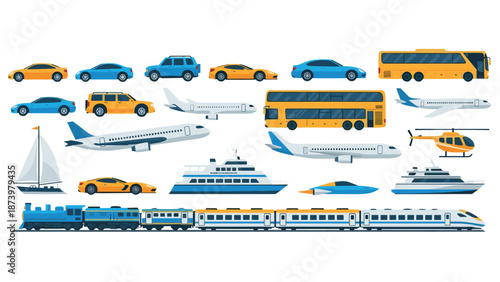 Colorful transportation icons: cars, planes, trains, ships, and buses in flat style