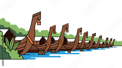 Cartoon row of viking longships on river with trees and lanterns
