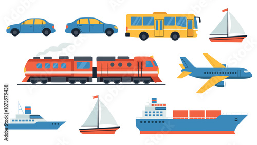 Flat style transportation icons: cars, train, bus, plane, and boats collection