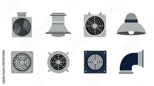 Collection of industrial ventilation and exhaust fan icons in flat design