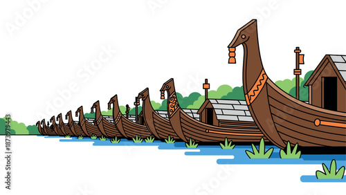 Viking longships lined up on a riverbank in a colorful cartoon style