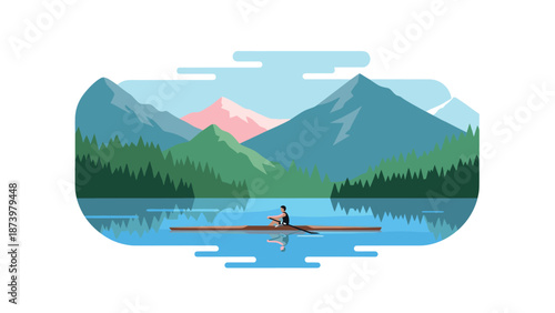 Peaceful kayaking adventure on serene lake with majestic mountain backdrop