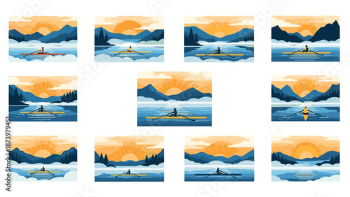 Scenic rowing adventure at sunset with mountains and calm waters