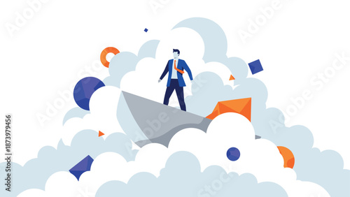 Businessman exploring new heights on paper plane among geometric shapes and clouds