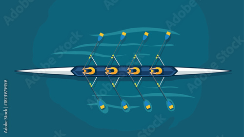 Team rowing animation: four rowers synchronizing on a boat with oars