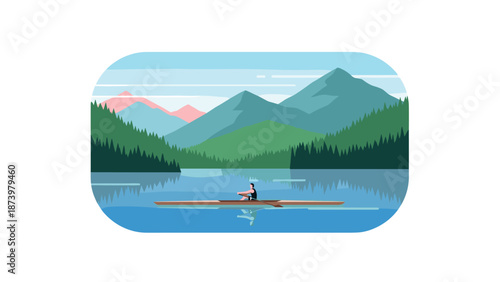 Solo kayaker on tranquil lake with mountain background in minimalist design
