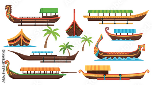 Colorful traditional boats and palm trees set