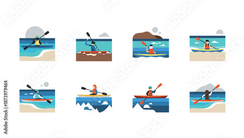 Colorful flat style kayaking scenes: ocean, river, mountain adventures in minimal design