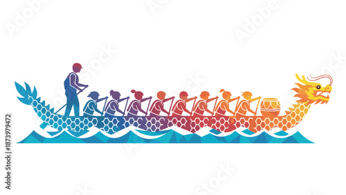 Vibrant dragon boat race with rowers in a colorful geometric design