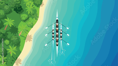 Teamwork in motion: aerial view of rowers paddling along turquoise coastline