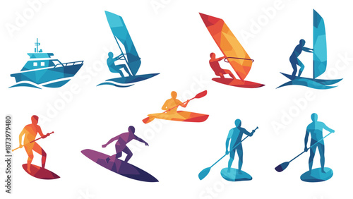 Geometric water sports collection: windsurfing, kayaking, paddleboarding, and surfing