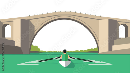 Flat design rowing under bridge: modern minimalist sport scene