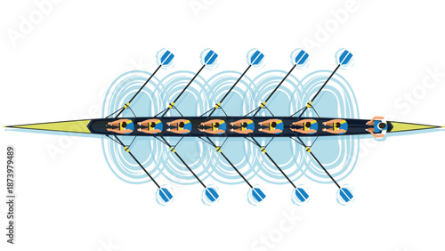 Top view of rowing team in motion with oars and boat ripples