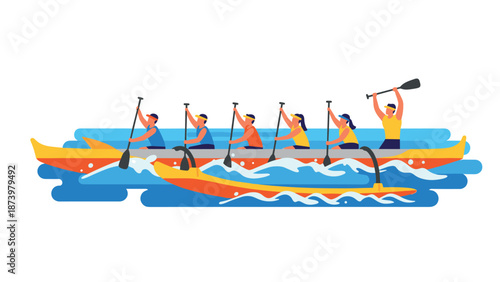 Team canoe racing: colorful flat style with dynamic paddling action