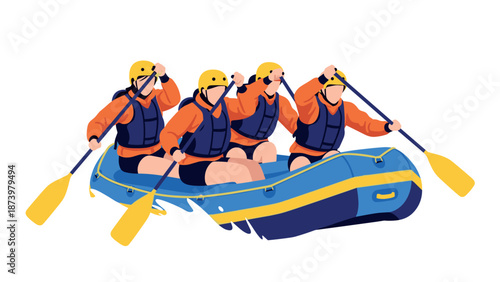 Team adventure: colorful flat design of four rafters in action