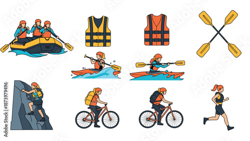 Outdoor adventure activities collection featuring rafting, kayaking, cycling, and climbing in a modern flat style