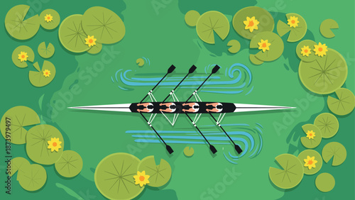Team rowing in canoe amidst vibrant green lilies on calm water surface