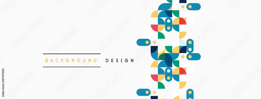 Fototapeta premium Abstract geometric shapes, vibrant colors, modern design. Background features overlapping circles, squares, rectangles. Minimalist aesthetic, clean lines.