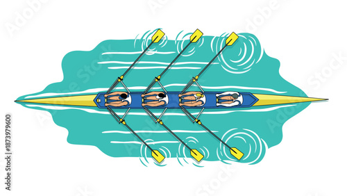 Aerial view of team rowing in synchrony on vibrant waters