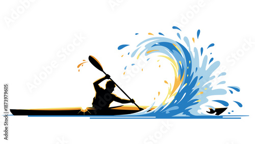 Dynamic kayaker in action with vibrant wave splash silhouette design