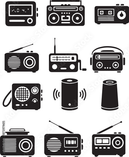 Black and white vector set of 12 icons showcasing vintage and modern radios and speaker designs