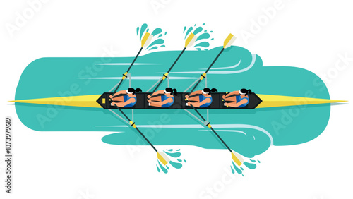Vibrant team rowing on a turquoise wave with dynamic splashing paddles in flat style