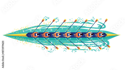 Dynamic rowing team in motion: vibrant flat design depicting synchronization and teamwork