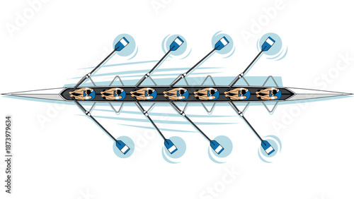 Teamwork: dynamic overhead view of rowers in action