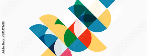Abstract geometric shapes overlap, creating colorful composition. Circles, segments, curves form dynamic visual pattern. Modern design.