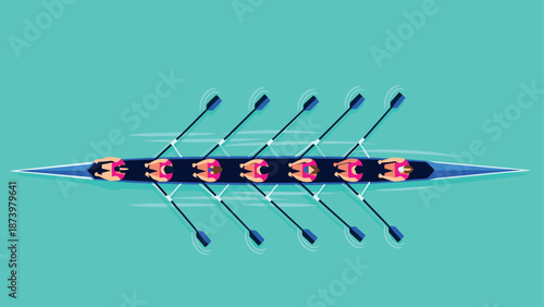 Teamwork in motion: flat style rowers in a cyan sea from an aerial perspective