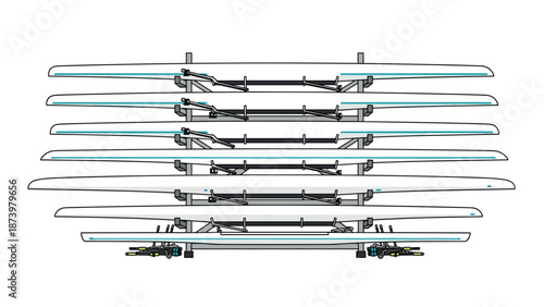 Linear depiction of stacked racing boats on a rack