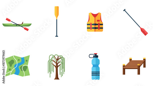 Outdoor adventure icons: kayaking, paddling, and nature essentials