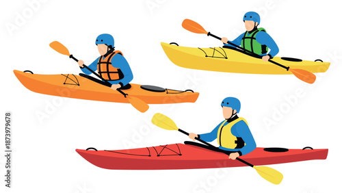 Colorful kayaking adventure with canoeists in flat design on white background