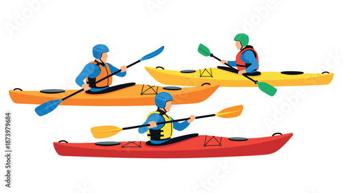 Colorful kayaking adventure with three people in modern flat design