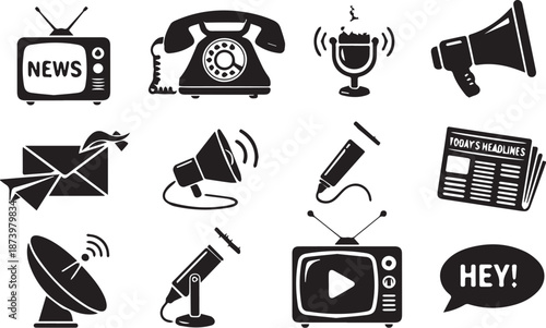 Black and white vector set of 12 icons for communication, media, and broadcasting in modern and vintage styles