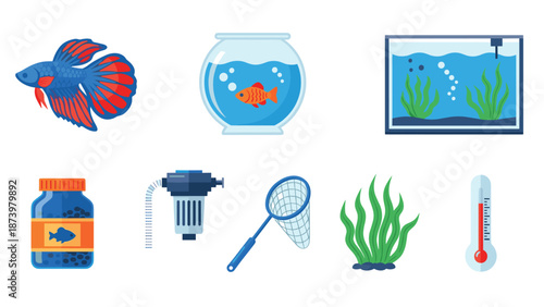 Colorful aquarium set: fish, plants, and equipment in flat style for aquatic enthusiasts