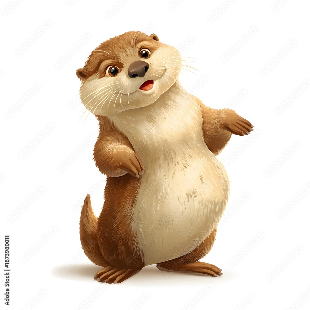 Fototapeta premium Cartoon otter is standing on its hind legs and looking at the camera