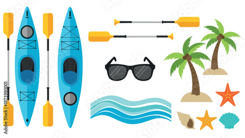 Kayaking adventure: tropical beach icons including kayaks, paddles, and sunglasses