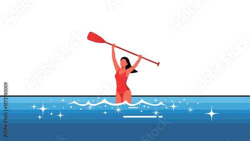 Woman triumphantly holding paddle in sparkling water