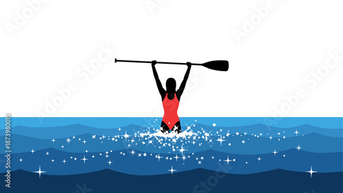 Silhouette of a kayaker celebrating victory in sparkling ocean waves