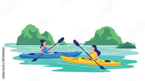 Kayaking adventure with two women paddling through scenic mountain lake landscape