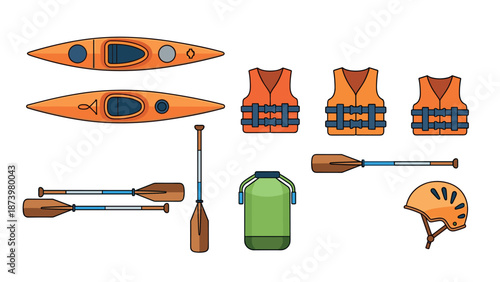 Kayaking essentials: canoes, paddles, helmets, and life jackets in bright orange designs